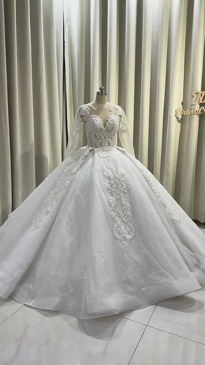 TBC-CM009   Made to order lace embroidered with beading long sleeve ballgown style royal wedding dress
