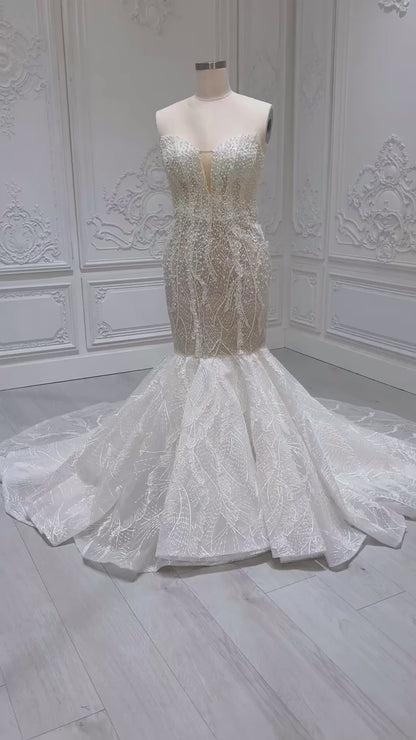 TBC-A007 Ivory pearl beading lace embroidered mermaid wedding dress