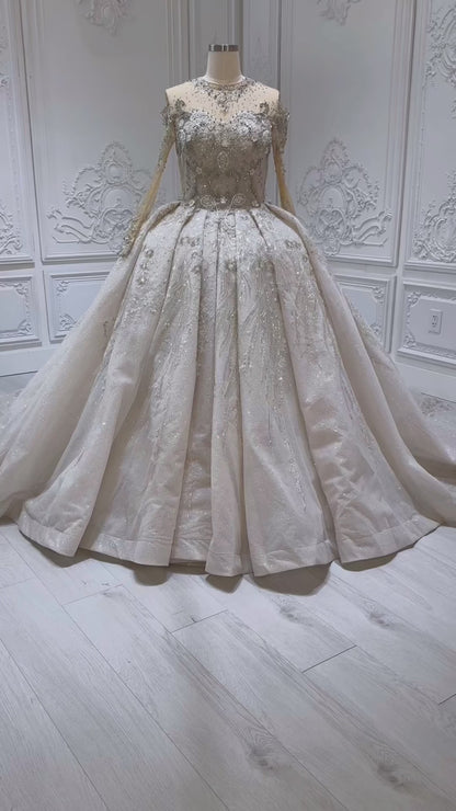 Stock Clearance! Bridal size 12! Luxury beading long sleeve with high neck ivory cream color ballgown royal wedding dress