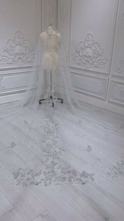 Stock of off white glitter lace with beaded pearl long bridal veil