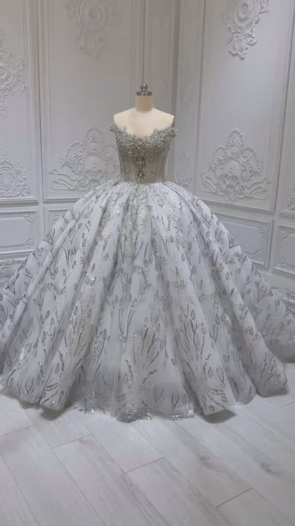 Stock Clearance! Bridal Size 10! Grey crystal beaded cap sleeve sparkling white&silver princess ballgown royal wedding dress